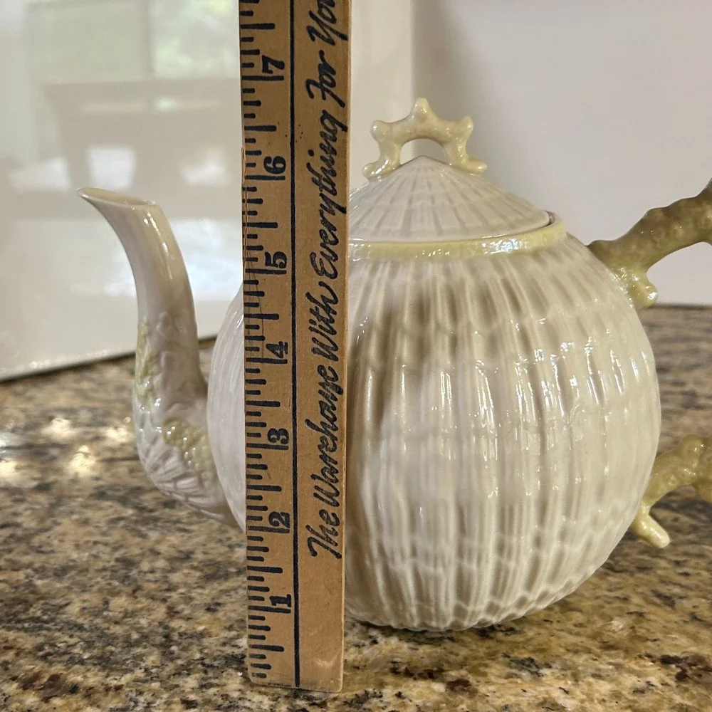 Vintage Belleek Limpet Teapot Irish Parian China Shell Coral Handle Yellow Luste